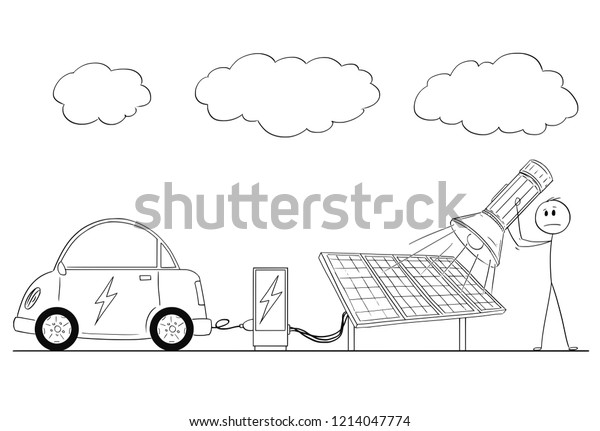 Cartoon stick drawing conceptual\
illustration of man charging electric car by power from solar power\
plant during overcast and using flash light as energy\
source.