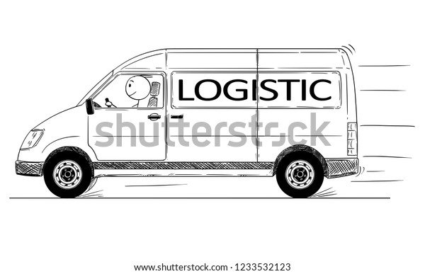 Cartoon stick drawing\
conceptual illustration of fast driving generic delivery van with\
logistic text.