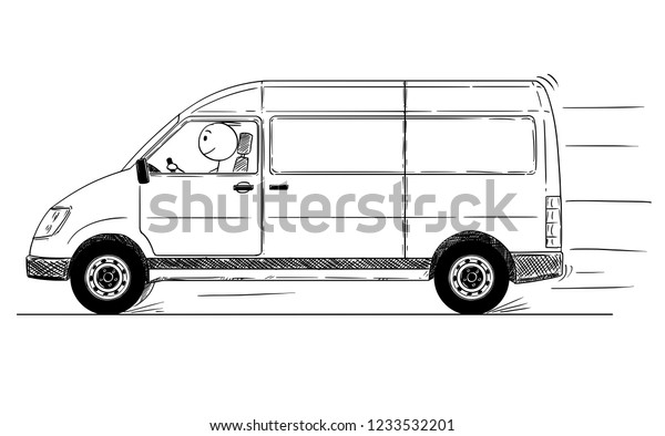Cartoon stick drawing conceptual\
illustration of fast driving generic delivery\
van.