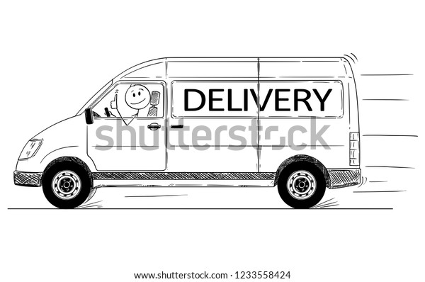 Cartoon stick drawing conceptual illustration of\
driver of fast driving generic van with delivery text showing\
thumbs up gesture.