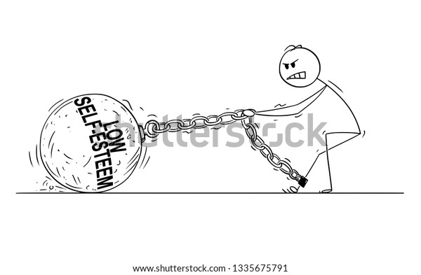 Cartoon stick drawing\
conceptual illustration of man or businessman pulling hard big Iron\
ball chained to his leg. Concept of low self-esteem limiting\
affected person .