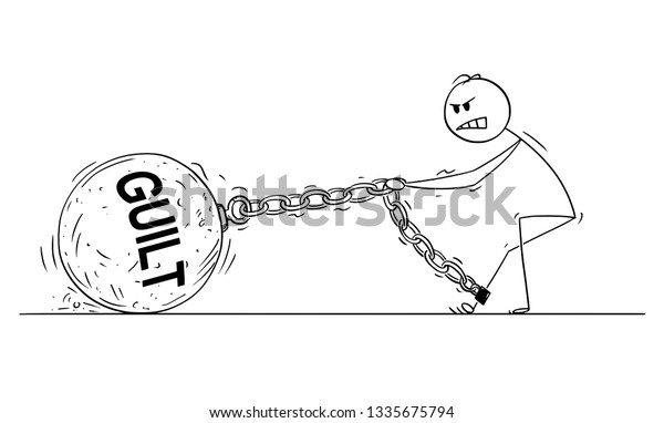 Cartoon stick drawing\
conceptual illustration of man or businessman pulling hard big Iron\
ball chained to his leg. Business concept of guilt that lie heavy\
on guilty person .