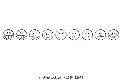 Cartoon stick drawing conceptual set of illustrations of emoticon faces showing range of emotions from gaiety or hilarity to sadness, joy,smiling, smile and sad face.
