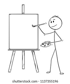 Cartoon stick drawing illustration of artist holding brush and palette and ready to paint on the canvas on easel.