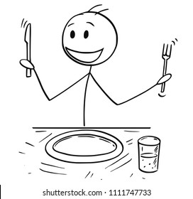 Cartoon stick drawing illustration of enthusiastic hungry man holding fork and knife sitting at table and waiting for food.