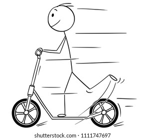 Cartoon stick drawing illustration of man or boy riding the scooter.