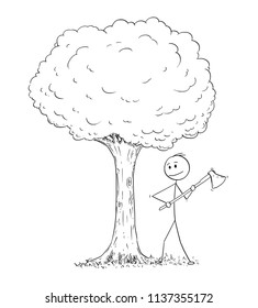 Cartoon stick drawing illustration of man or lumberjack with axe or ax chopping down the tree