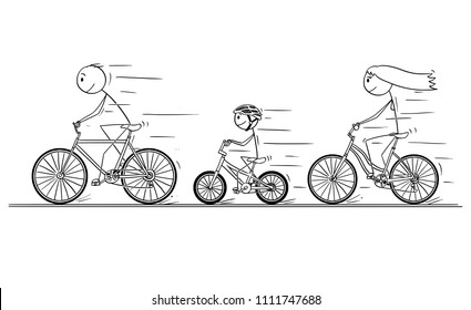 Cartoon Stick Drawing Illustration Of Young Family - Man, Woman And Child Riding Or Cycling On Bicycle Trip.