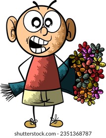 cartoon stick figure. stick boy bring flower with him.
