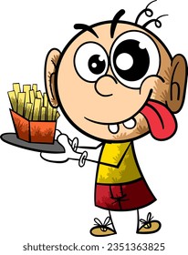 cartoon stick figure. stick boy buy franch fries.