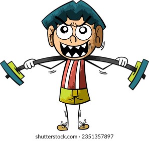 cartoon stick figure. stick boy doing gym and exercise lift heavy weights.