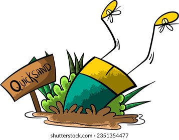 cartoon stick figure. stick boy fall into quicksand.