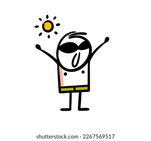 Cartoon stick figure boy with rising hands enjoys summer weather. Vector cartoon man in swimming trunks under the hot sun.