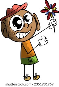 cartoon stick figure. stick boy seeing flower happily.