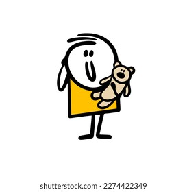 Cartoon stick figure child holds a soft toy of teddy bear and  meeting friend. Vector illustration of doodle girl or small boy playing the game.