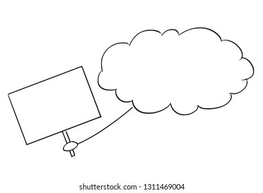 Cartoon stick figure conceptual drawing of cloud from sky holding empty sign as message or proclamation for mankind of god or creator. It is ready for your text.