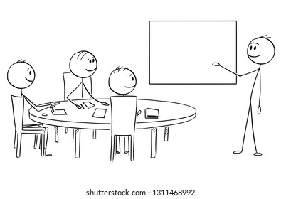 Cartoon Stick Figure Drawing Conceptual Illustration Of Businessman Presenting Success On Empty Table On Business Or Work Meeting.