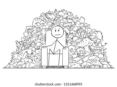 Cartoon stick figure drawing conceptual illustration of man or businessman sitting in armchair surrounded by pile of plastic waste or garbage. Environmental concept of consumer society.