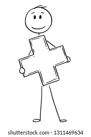 Cartoon stick figure drawing conceptual illustration of man holding big cross as symbol of health and charity.