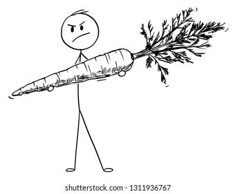 Cartoon stick figure drawing conceptual illustration of angry man holding big carrot vegetable.