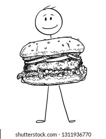 Cartoon stick figure drawing conceptual illustration of smiling man holding big burger or hamburger.