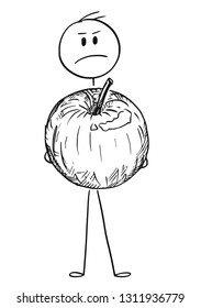 Cartoon stick figure drawing conceptual illustration of angry man holding big apple fruit.