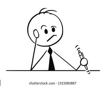 Cartoon stick figure drawing conceptual illustration of businessman sitting behind table and thinking hard with pen in hand.