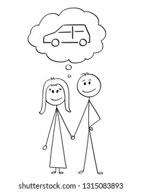 Cartoon stick figure drawing conceptual illustration of happy heterosexual couple of man and woman holding each other hand and thinking about buying car or vehicle.