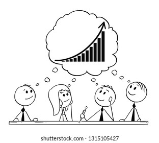 Cartoon stick figure drawing conceptual illustration of team of businessmen and businesswoman having brainstorming thinking about success and growth.
