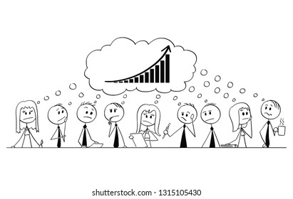 Cartoon stick figure drawing conceptual illustration of big team of businessmen and businesswoman having brainstorming thinking about success and growth.