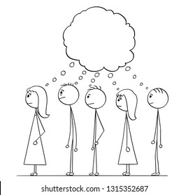 Cartoon stick figure drawing conceptual illustration of group of people waiting in line or queue with empty speech or text bubble above them.