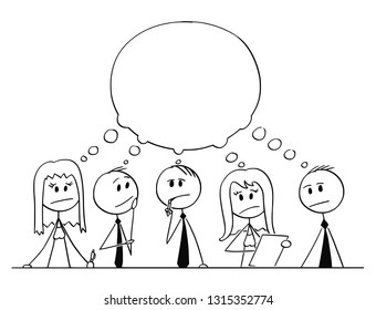 Cartoon stick figure drawing conceptual illustration of team of businessmen and businesswoman having brainstorming thinking about problem solution with empty speech bubble.
