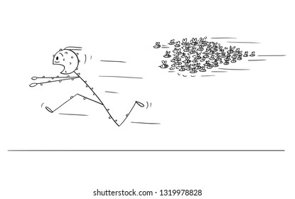 Cartoon stick figure drawing conceptual illustration of man running in panic away from attacking swarm of bees or wasps.