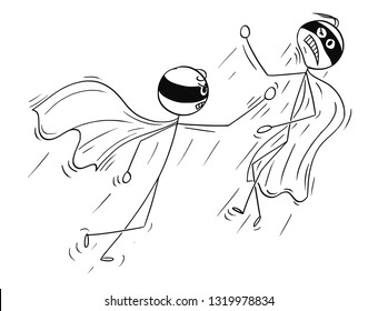 Cartoon stick figure drawing conceptual illustration of two masker super heroes or superheroes in costume fighting together with fists.