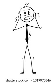 Cartoon stick figure drawing conceptual illustration of terrified or frightened businessman shaking in stress.