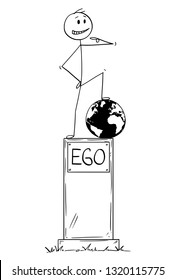 Cartoon stick figure drawing conceptual illustration of statue of egoist selfish man on pedestal with text ego standing on conquered world globe and pointing at yourself.