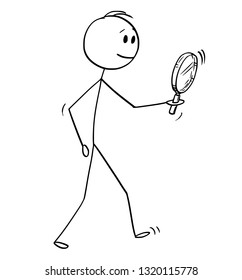 Cartoon stick figure drawing conceptual illustration of man searching with magnifying glass or magnifier.