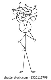 Cartoon stick figure drawing conceptual illustration of confused man or businessman thinking about problem.