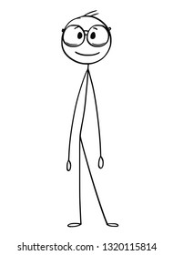 Cartoon stick figure drawing conceptual illustration of smiling man or businessman with big glasses.