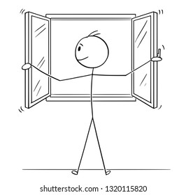 Cartoon stick figure drawing conceptual illustration of man opening window.