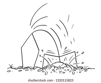 Cartoon stick figure drawing conceptual illustration of man or businessman hiding head in sand or under ground.