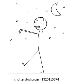 Cartoon stick figure drawing conceptual illustration of somnambulant sleepwalking man walking in night during sleeping.