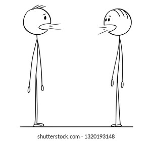 Cartoon stick figure drawing conceptual illustration of two men in conversation, both are talking in same time not hearing the other.