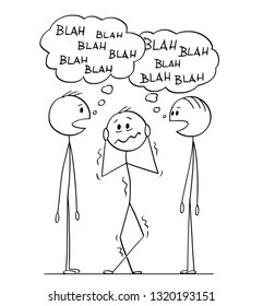 Cartoon stick figure drawing conceptual illustration of frustrated man hearing between two men in conversation with blah-blah or blah speech bubbles.