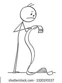 Cartoon stick figure drawing conceptual illustration of frustrated man reading very long bill.