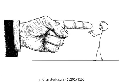 Cartoon stick figure drawing conceptual illustration of frustrated man defending yourself or resisting while big hand in suit is pointing at him and giving him order or blaming him. Concept of