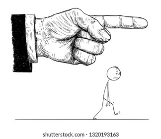 Cartoon stick figure drawing conceptual illustration of frustrated man walking while big hand in suit is pointing and giving him order to go or leave. Concept of superiority and dominance.