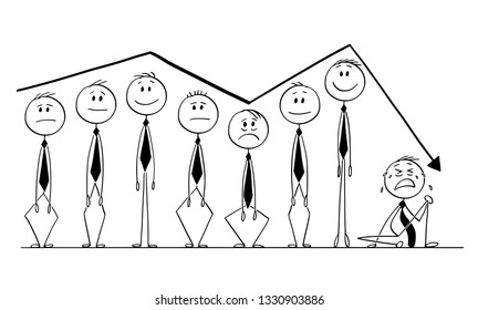 Cartoon stick figure drawing conceptual illustration of group of businessmen rising up and down following arrow of financial graph or chart. Business concept of market investment sentiment.