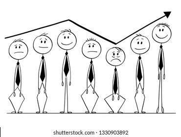 Cartoon stick figure drawing conceptual illustration of group of businessmen rising up and down following arrow of financial graph or chart. Business concept of market investment sentiment.