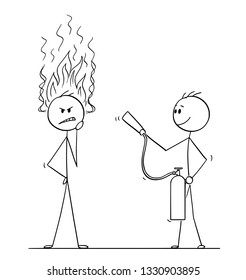 Cartoon stick figure drawing conceptual illustration man businessman thinking hard about problem and flames coming from head  Another man and fire extinguisher is ready to stop his thinking 